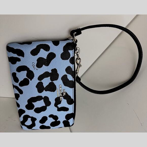 Coach Ocelot Print Grossgrain Leather Corner Zip Wristlet, Blue, Black, 41-15 - Picture 1 of 9